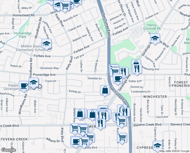 map of restaurants, bars, coffee shops, grocery stores, and more near 352 Lester Court in Santa Clara