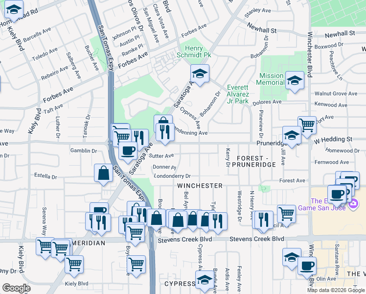 map of restaurants, bars, coffee shops, grocery stores, and more near 242 Harold Avenue in Santa Clara