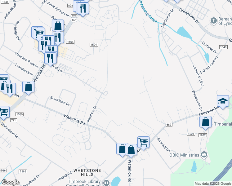 map of restaurants, bars, coffee shops, grocery stores, and more near 325 Progress Drive in Lynchburg