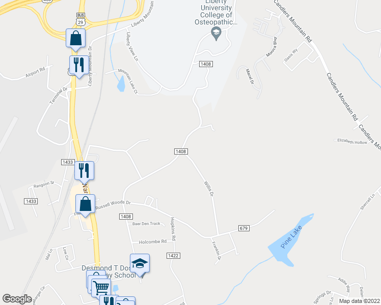 map of restaurants, bars, coffee shops, grocery stores, and more near 411 Willis Drive in Lynchburg