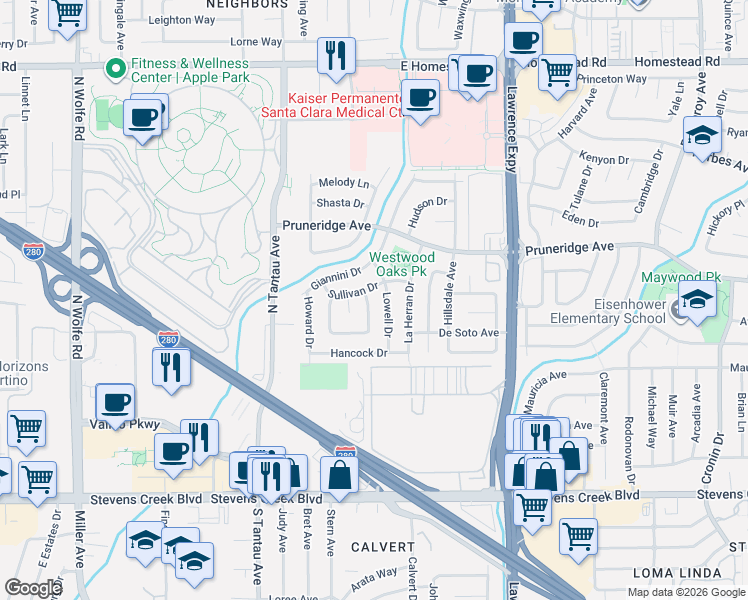 map of restaurants, bars, coffee shops, grocery stores, and more near 342 Lowell Drive in Santa Clara