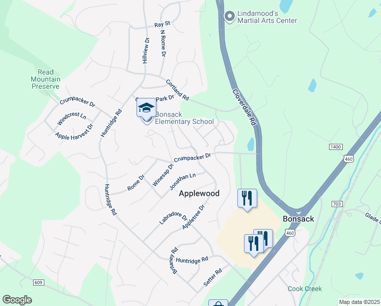 map of restaurants, bars, coffee shops, grocery stores, and more near 5408 Orchard Villas Circle in Roanoke