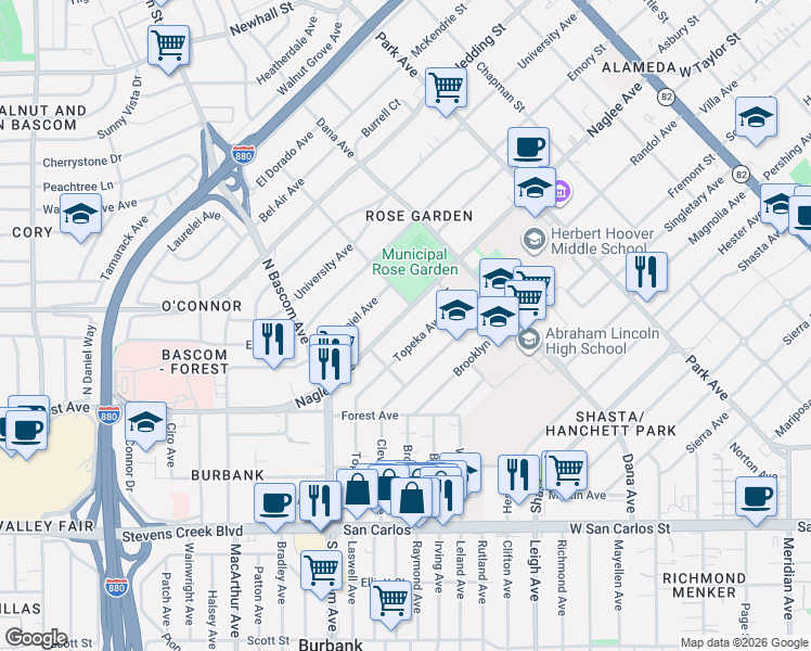 map of restaurants, bars, coffee shops, grocery stores, and more near 705 Garden Drive in San Jose