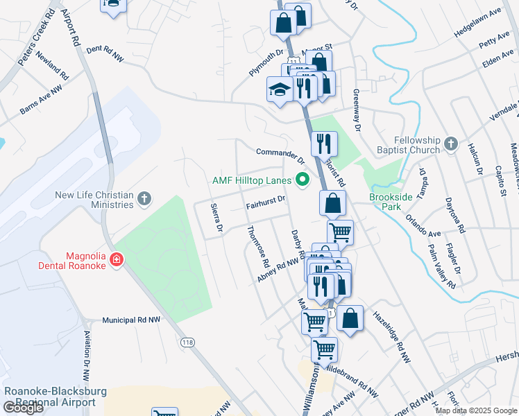 map of restaurants, bars, coffee shops, grocery stores, and more near 810 Fairhurst Drive in Roanoke