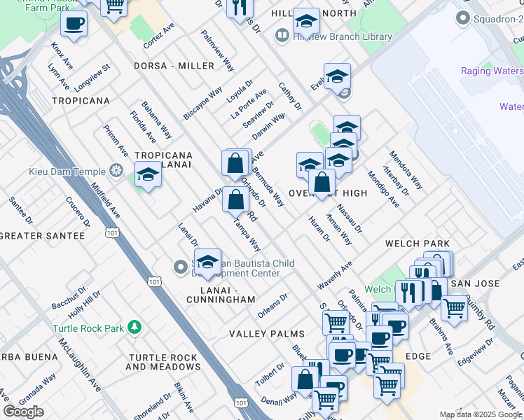 map of restaurants, bars, coffee shops, grocery stores, and more near 1867 Orlando Drive in San Jose