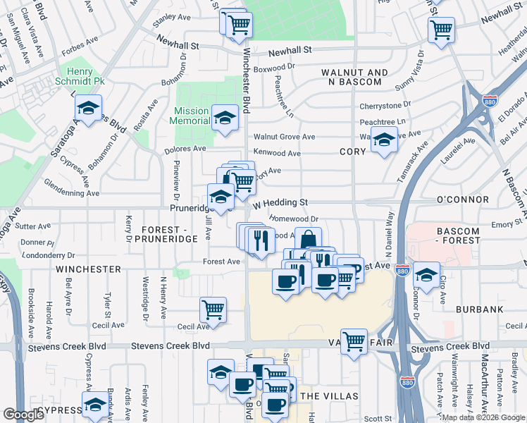 map of restaurants, bars, coffee shops, grocery stores, and more near 2461 West Hedding Street in San Jose
