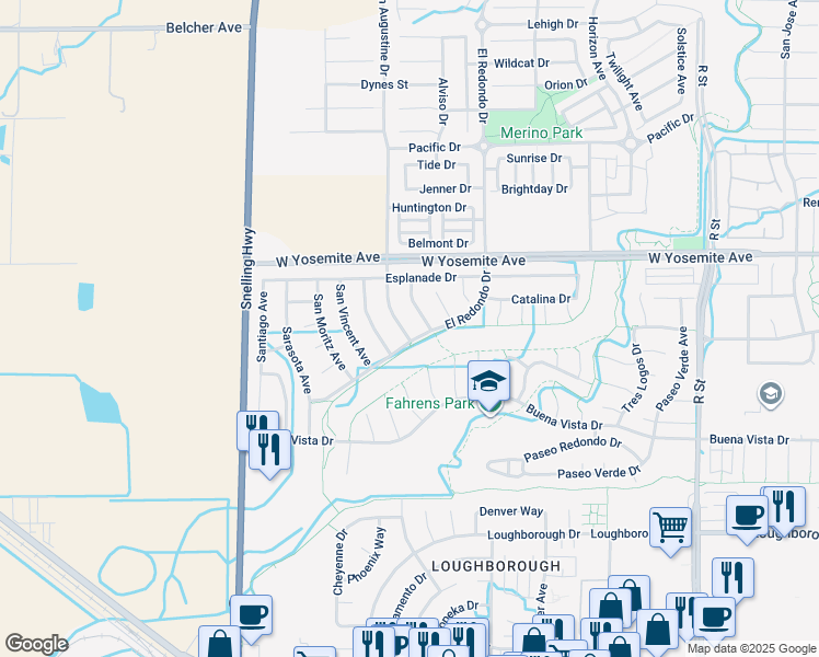 map of restaurants, bars, coffee shops, grocery stores, and more near 3556 San Augustine Avenue in Merced