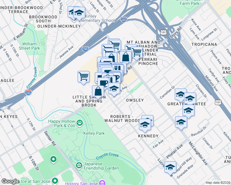map of restaurants, bars, coffee shops, grocery stores, and more near 974 Story Road in San Jose