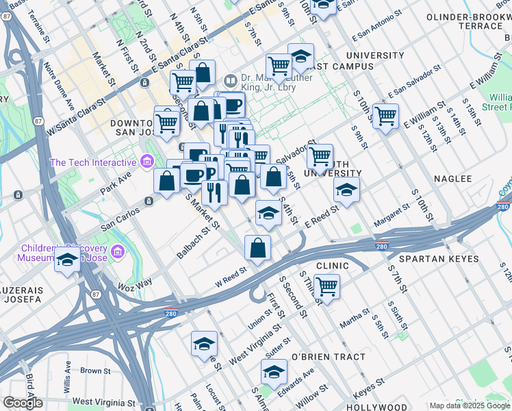 map of restaurants, bars, coffee shops, grocery stores, and more near in San Jose
