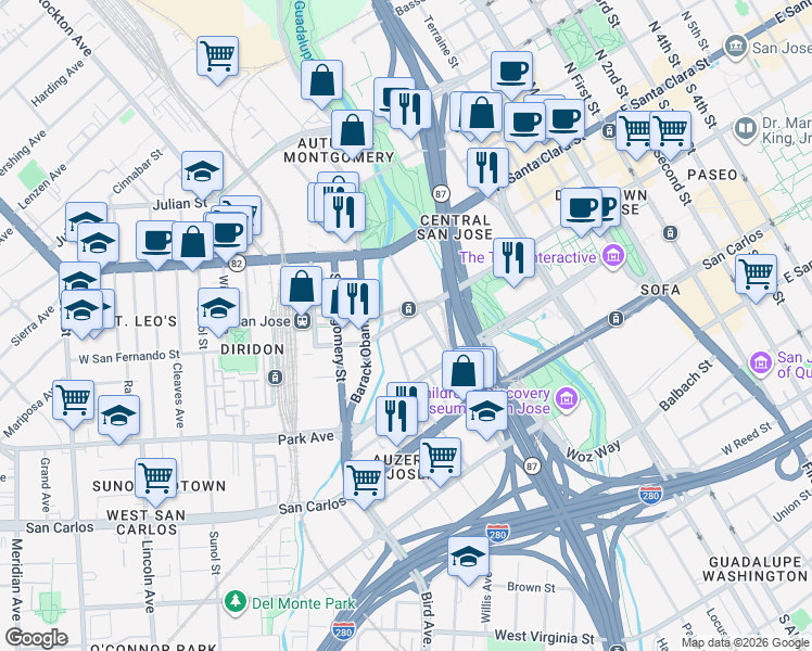 map of restaurants, bars, coffee shops, grocery stores, and more near in San Jose