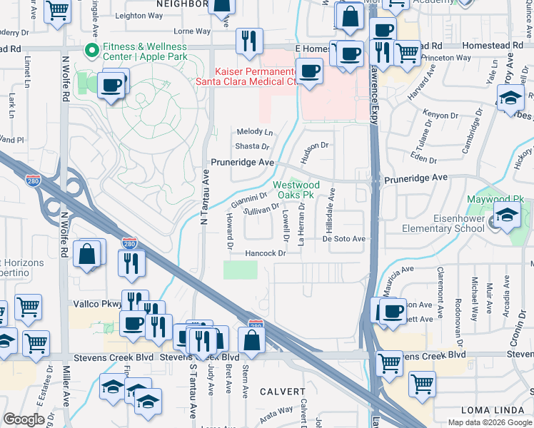map of restaurants, bars, coffee shops, grocery stores, and more near 465 Giannini Drive in Santa Clara
