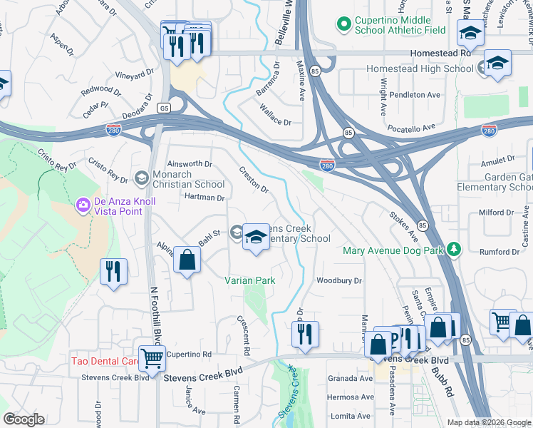 map of restaurants, bars, coffee shops, grocery stores, and more near 22180 Alderney Court in Los Altos