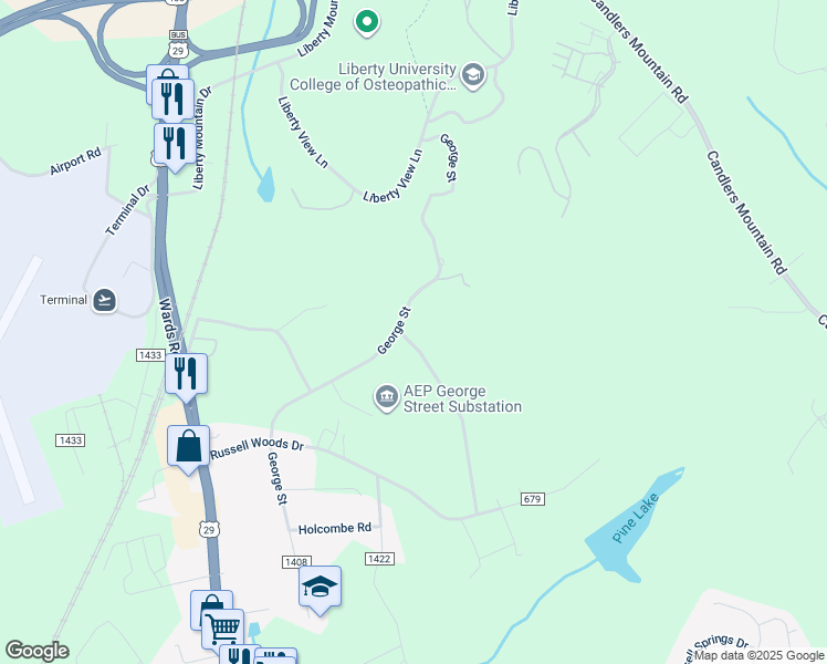 map of restaurants, bars, coffee shops, grocery stores, and more near 411 Willis Drive in Lynchburg