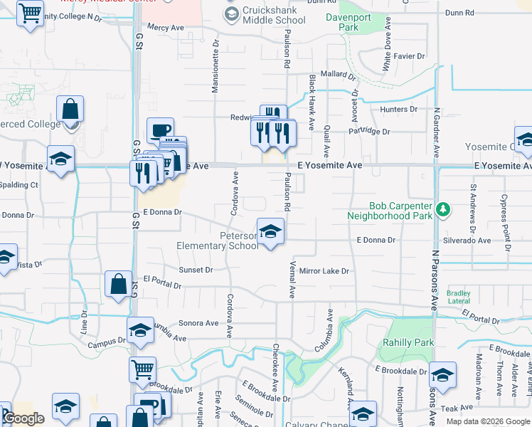 map of restaurants, bars, coffee shops, grocery stores, and more near 976 Antler Court in Merced