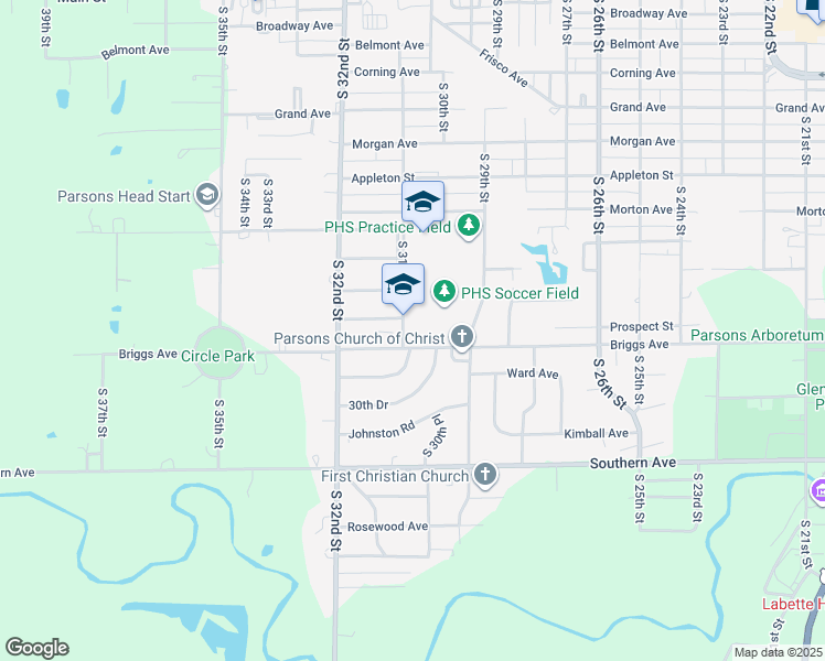 map of restaurants, bars, coffee shops, grocery stores, and more near 1020 South 31st Street in Parsons