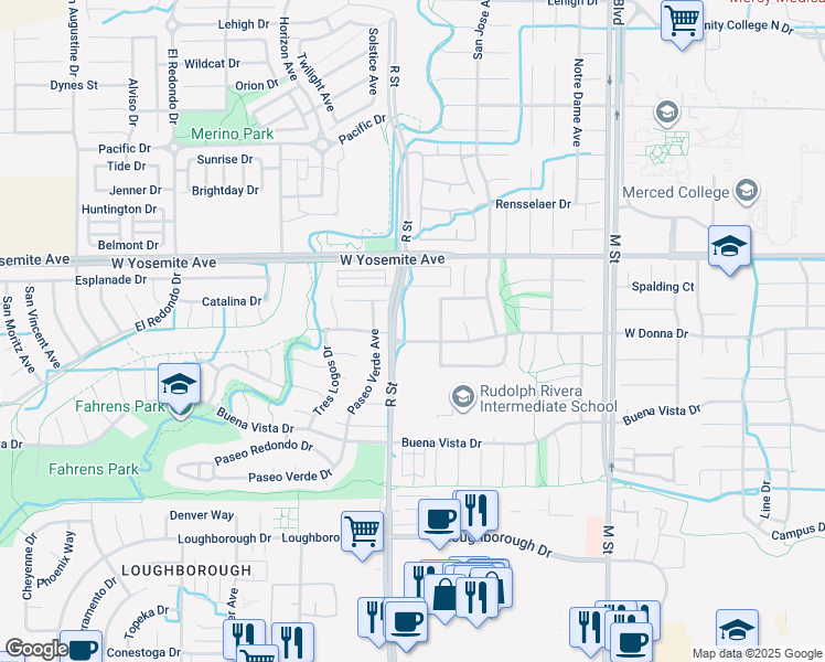 map of restaurants, bars, coffee shops, grocery stores, and more near 3460 R Street in Merced