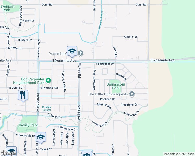 map of restaurants, bars, coffee shops, grocery stores, and more near 2333 Malaspina Drive in Merced