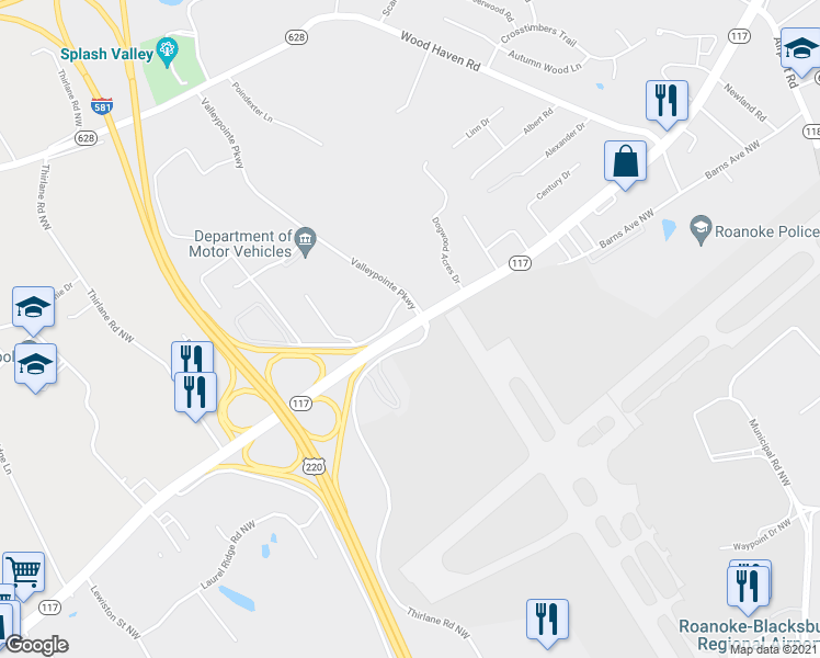 map of restaurants, bars, coffee shops, grocery stores, and more near 5061 Peters Creek Road in Roanoke