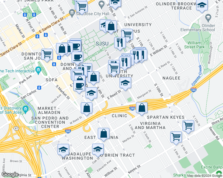 map of restaurants, bars, coffee shops, grocery stores, and more near 556 South 5th Street in San Jose