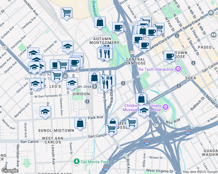 map of restaurants, bars, coffee shops, grocery stores, and more near 55 South Autumn Street in San Jose