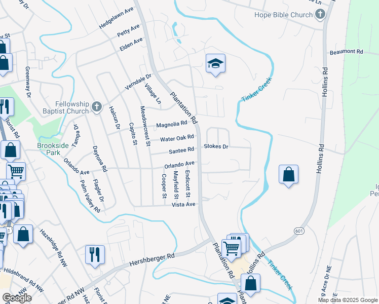 map of restaurants, bars, coffee shops, grocery stores, and more near 625 Santee Road in Hollins