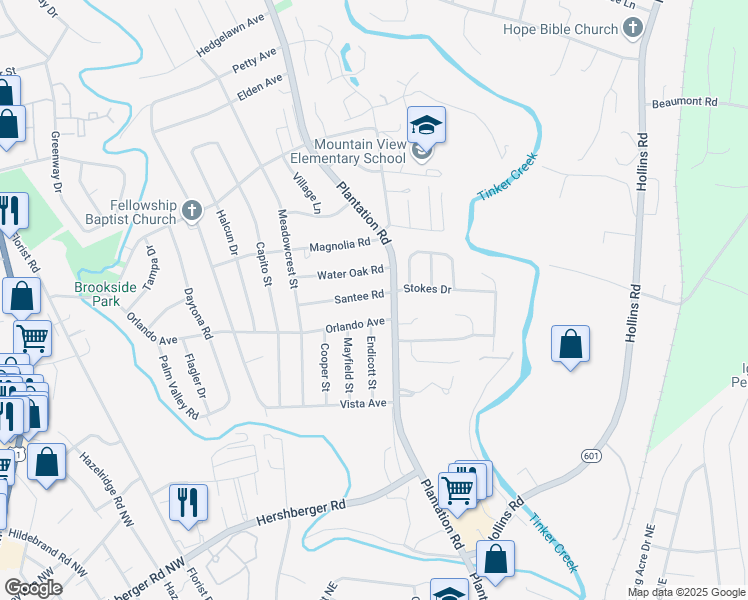 map of restaurants, bars, coffee shops, grocery stores, and more near 625 Santee Road in Hollins