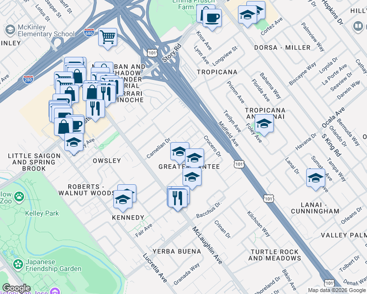 map of restaurants, bars, coffee shops, grocery stores, and more near 1362 McQuesten Drive in San Jose