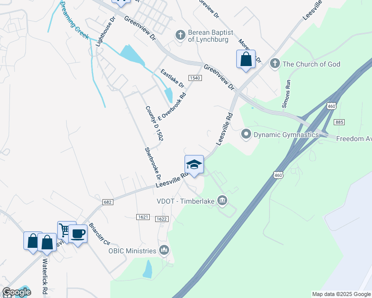 map of restaurants, bars, coffee shops, grocery stores, and more near 20034 Leesville Road in Lynchburg