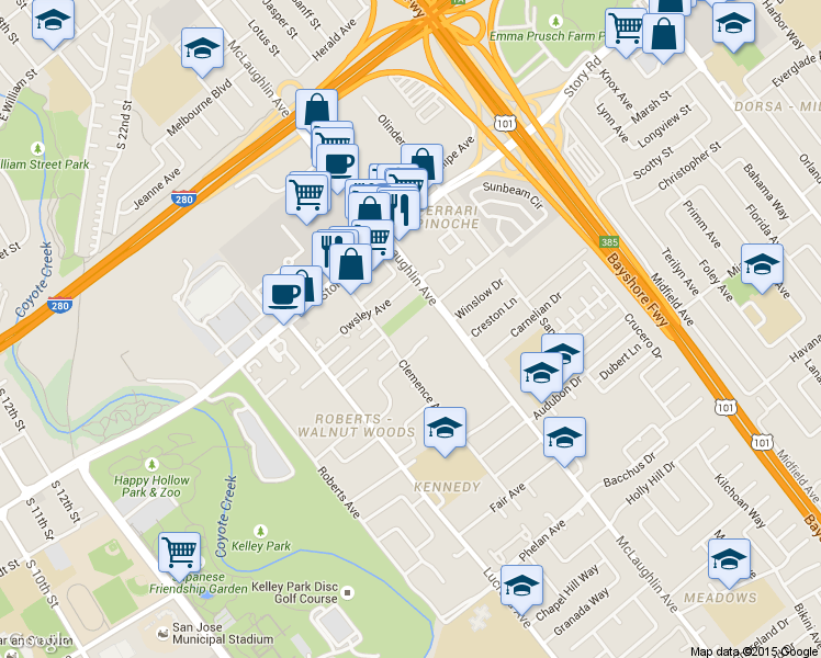 map of restaurants, bars, coffee shops, grocery stores, and more near 1227 McLaughlin Avenue in San Jose