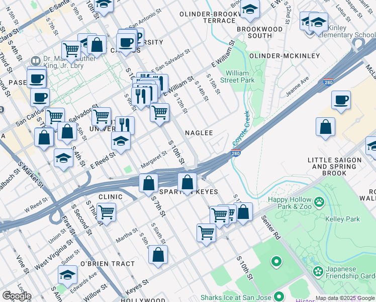 map of restaurants, bars, coffee shops, grocery stores, and more near in San Jose