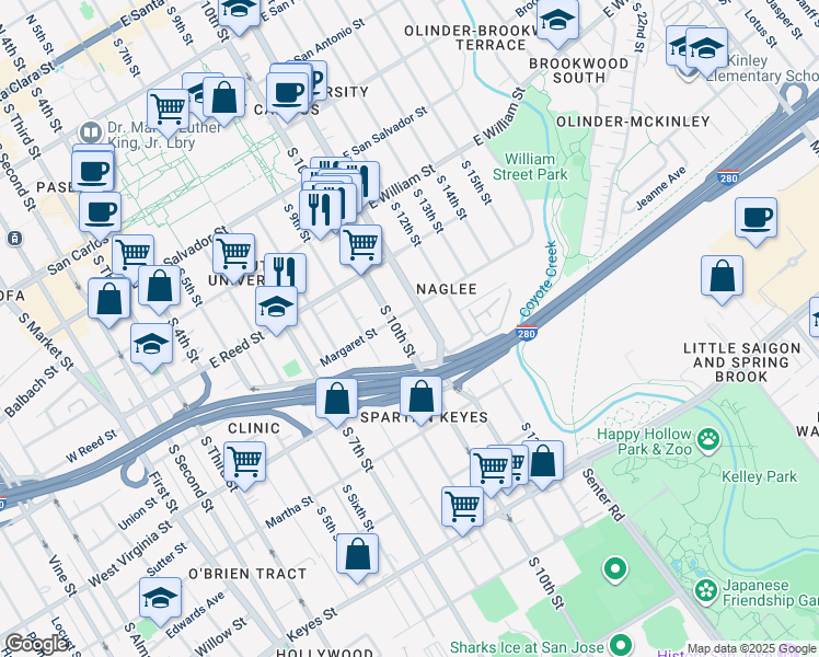 map of restaurants, bars, coffee shops, grocery stores, and more near in San Jose