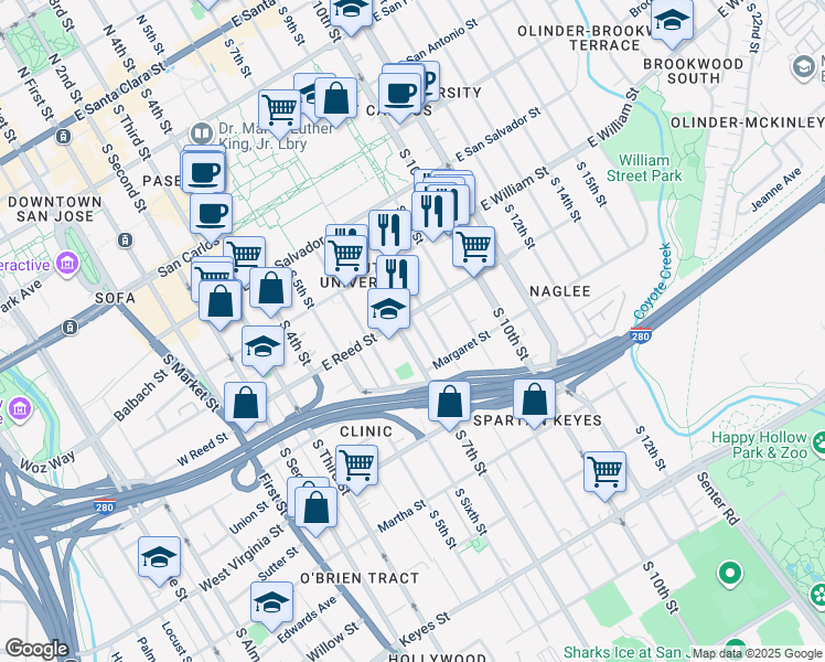 map of restaurants, bars, coffee shops, grocery stores, and more near 340 East Reed Street in San Jose