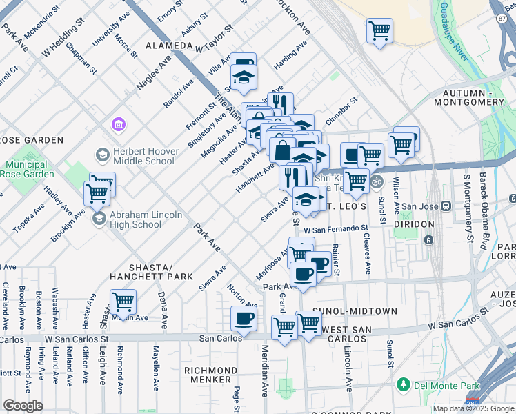 map of restaurants, bars, coffee shops, grocery stores, and more near 225 Sequoia Avenue in San Jose