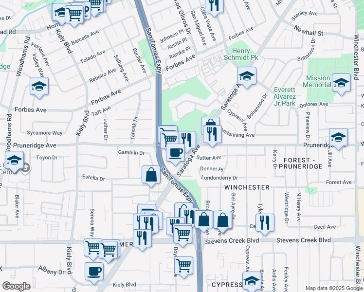map of restaurants, bars, coffee shops, grocery stores, and more near 2413-2427 Pruneridge Avenue in Santa Clara