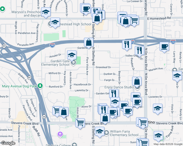 map of restaurants, bars, coffee shops, grocery stores, and more near 10516 North Stelling Road in Cupertino