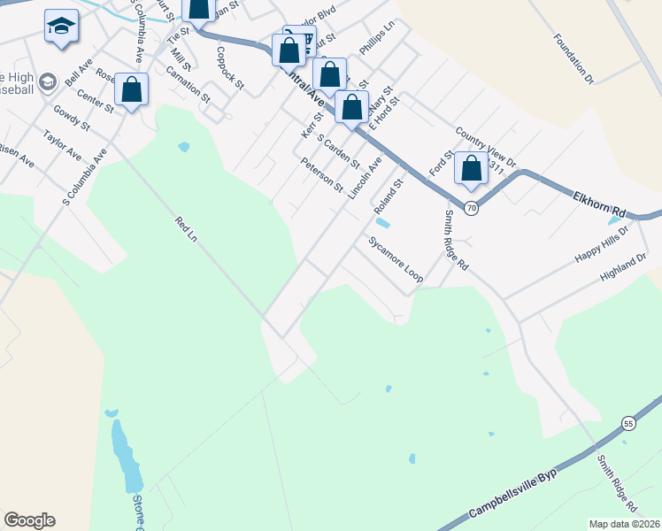 map of restaurants, bars, coffee shops, grocery stores, and more near 341-399 Roland Street in Campbellsville