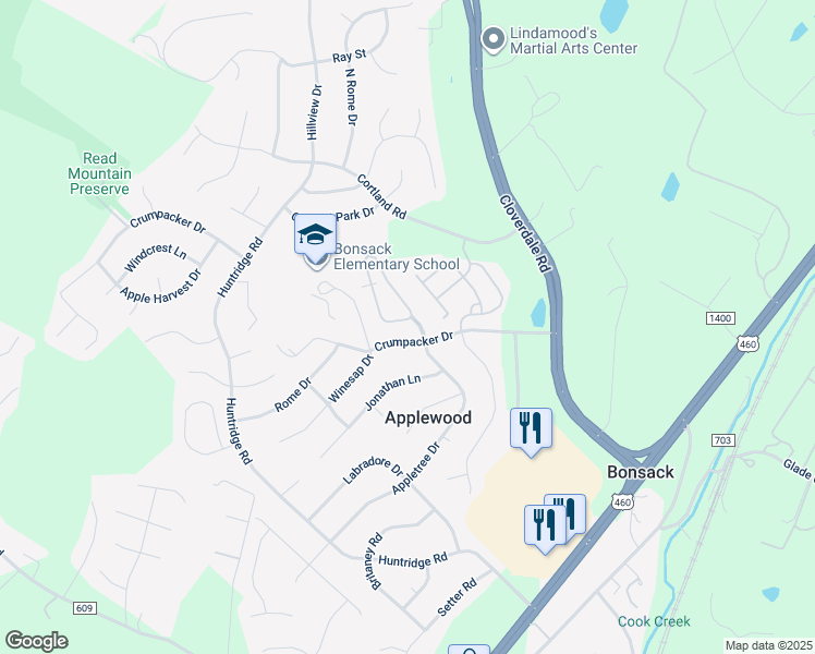 map of restaurants, bars, coffee shops, grocery stores, and more near 5408 Orchard Villas Circle in Roanoke