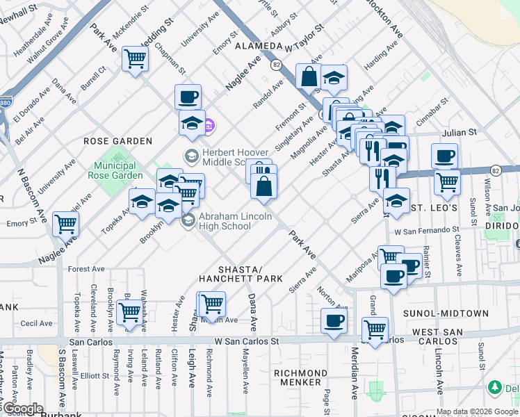 map of restaurants, bars, coffee shops, grocery stores, and more near 1490 Park Avenue in San Jose