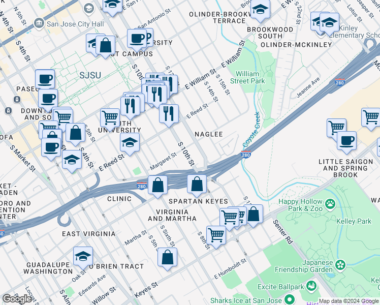 map of restaurants, bars, coffee shops, grocery stores, and more near 726 South 10th Street in San Jose