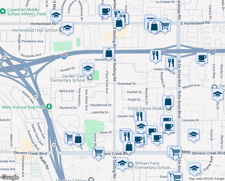 map of restaurants, bars, coffee shops, grocery stores, and more near 10516 North Stelling Road in Cupertino