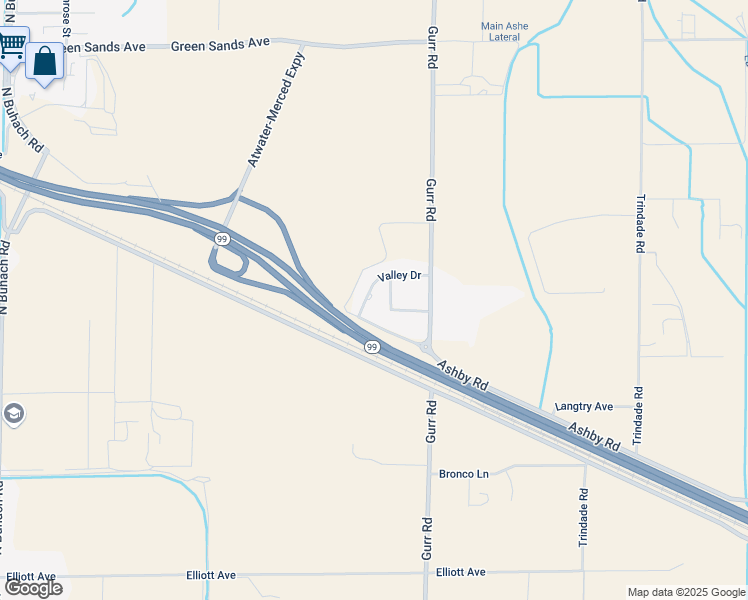 map of restaurants, bars, coffee shops, grocery stores, and more near 2402 Valley Drive in Atwater
