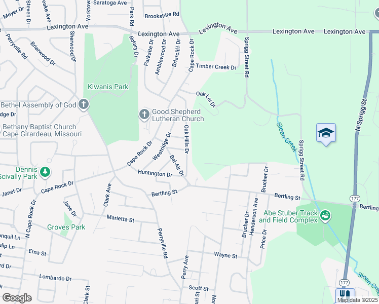 map of restaurants, bars, coffee shops, grocery stores, and more near 1702 Oak Hills Drive in Cape Girardeau