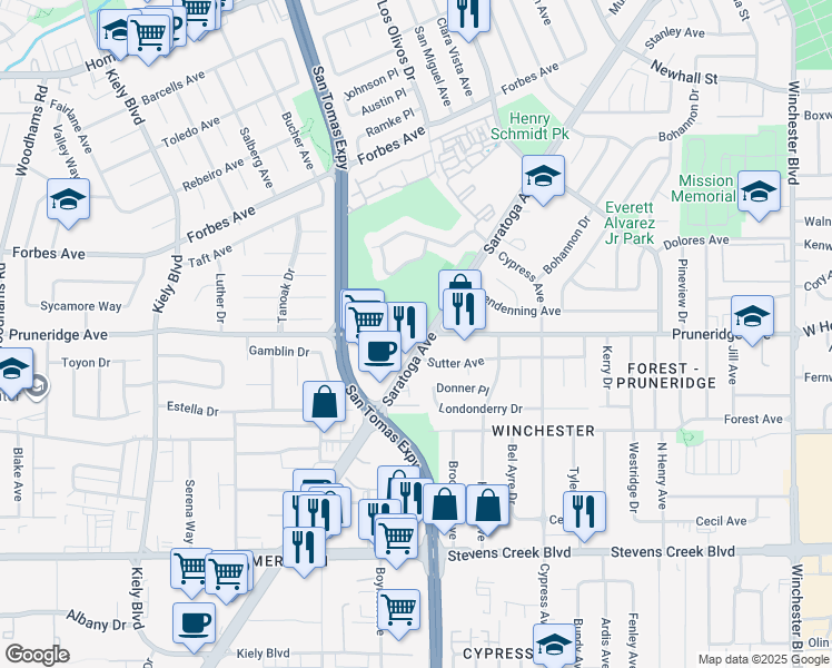 map of restaurants, bars, coffee shops, grocery stores, and more near 2413 Pruneridge Avenue in Santa Clara
