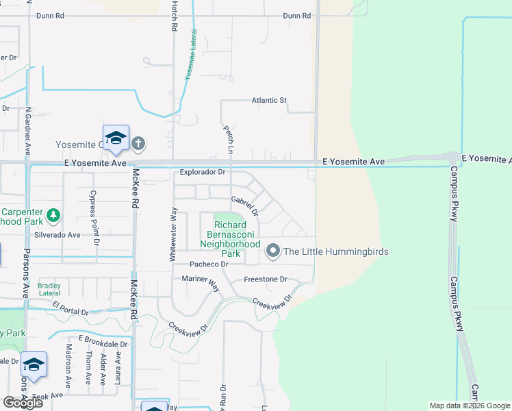 map of restaurants, bars, coffee shops, grocery stores, and more near 3784 Gabriel Drive in Merced