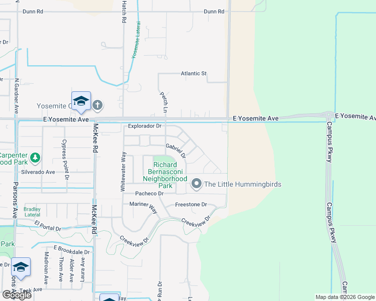 map of restaurants, bars, coffee shops, grocery stores, and more near 3784 Gabriel Drive in Merced