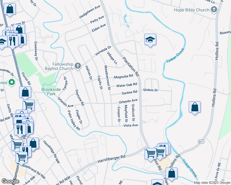 map of restaurants, bars, coffee shops, grocery stores, and more near 514 Santee Road in Hollins