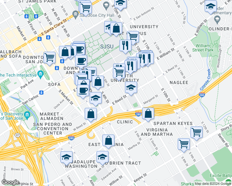 map of restaurants, bars, coffee shops, grocery stores, and more near 554 South 5th Street in San Jose