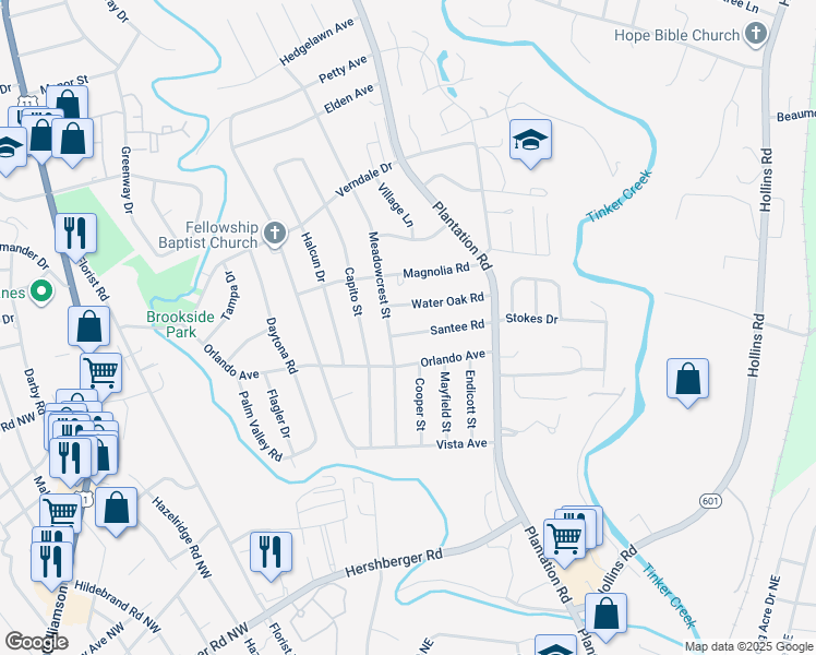 map of restaurants, bars, coffee shops, grocery stores, and more near 514 Santee Road in Hollins