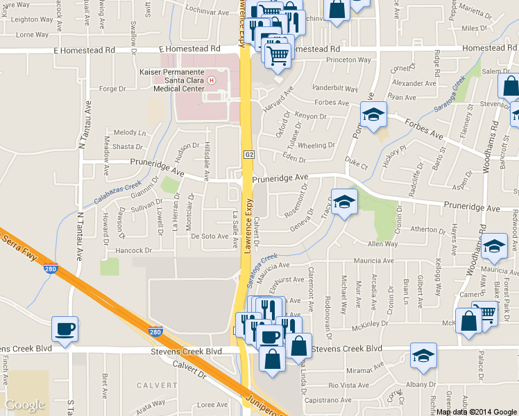 map of restaurants, bars, coffee shops, grocery stores, and more near 450 Harvard Avenue in Santa Clara