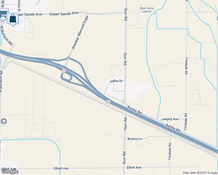 map of restaurants, bars, coffee shops, grocery stores, and more near 2432 Valley Drive in Atwater